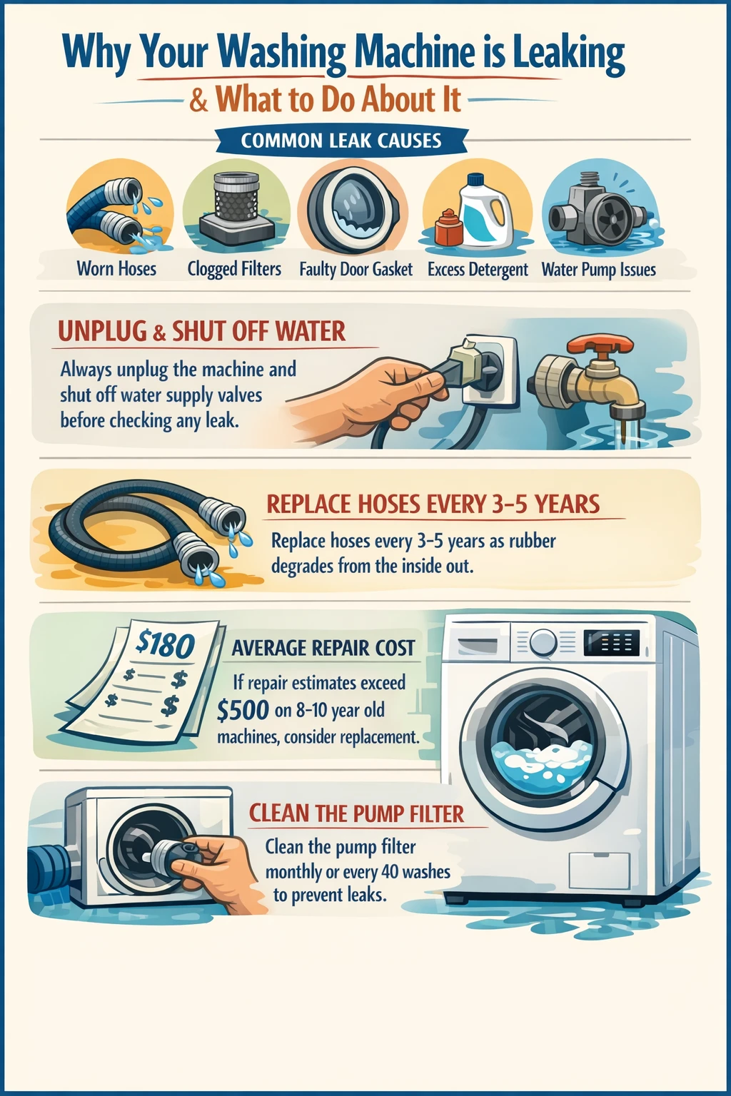 Washing machine leaking key takeaways infographic